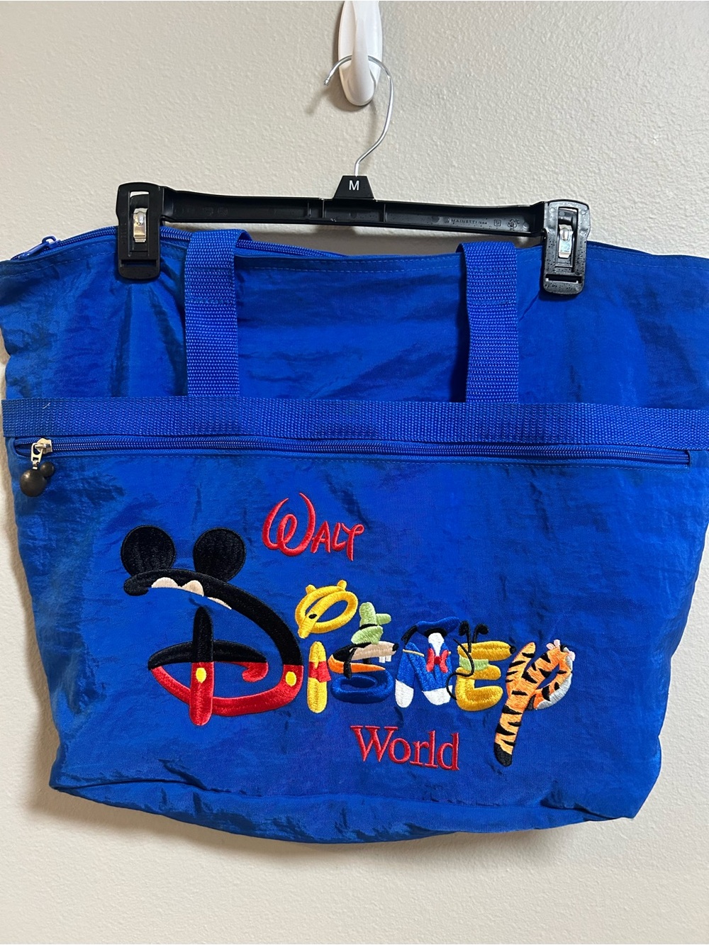 Vintage Walt Disney World Blue Nylon Tote Bag Embroidered Mickey Goofy Tigger